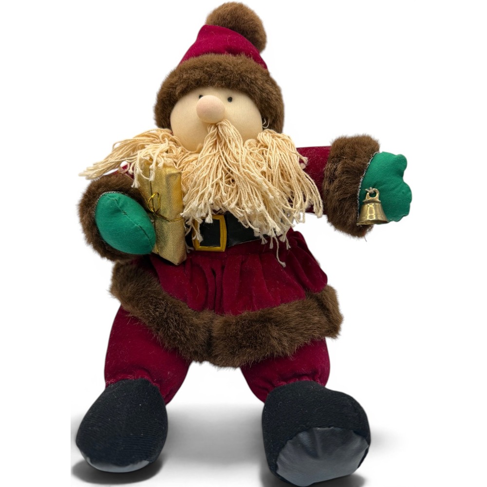 Vintage Plush Santa Claus Shelf Sitter Figurine Bell Present Christmas Decor